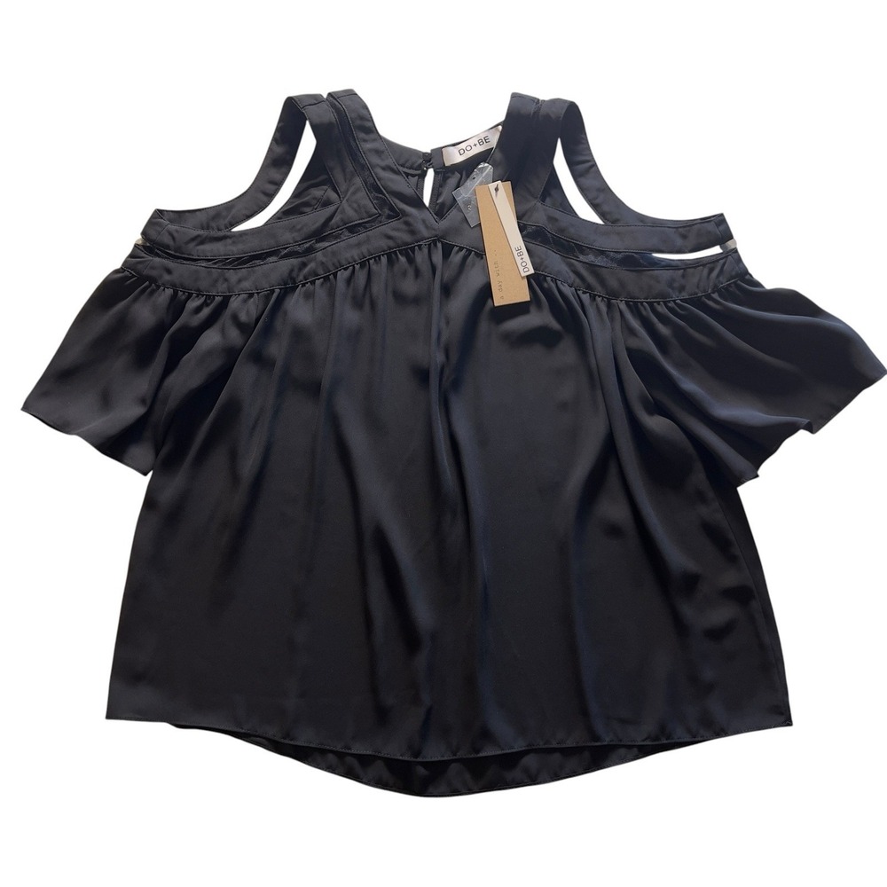 NWT DO+BE Blouse Women's Size M Black Cold Shoulder Cutout Satin Keyhole Top